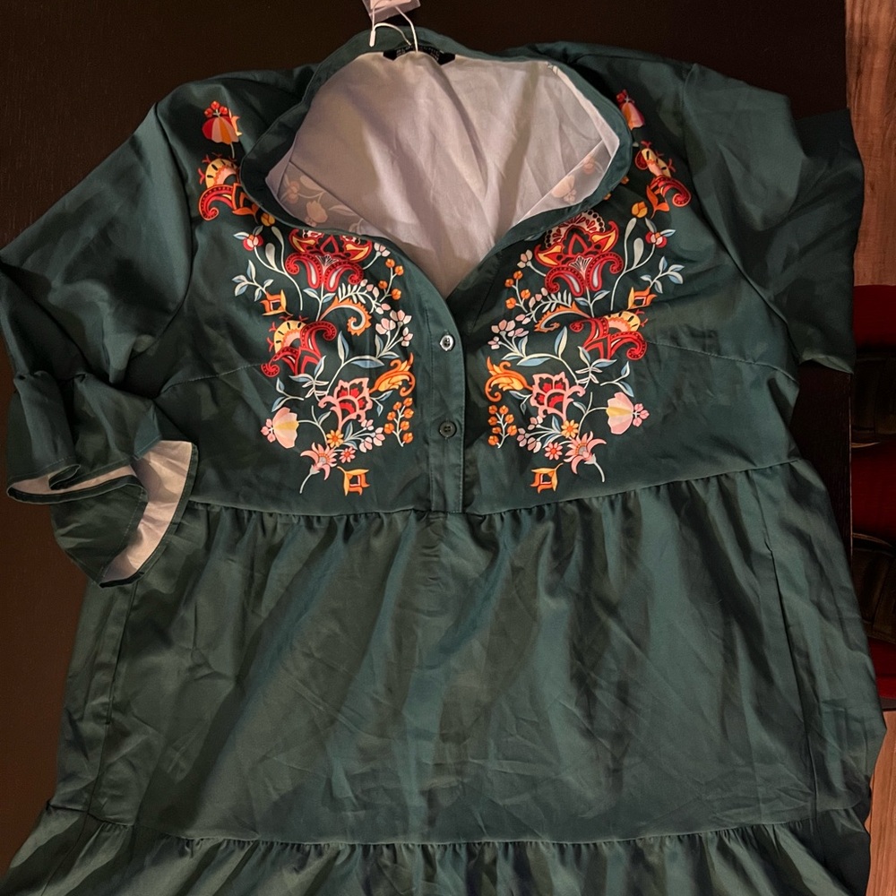 Floral Print Ruffles Plicated Detail Dress Teal